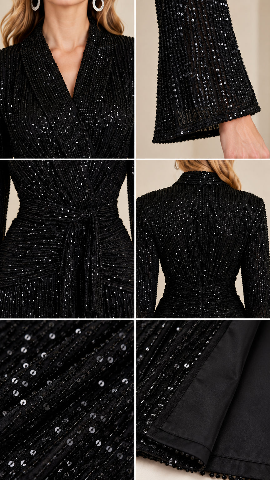 Close-up details of neckline, bell sleeve cuff, tie waist, and lined sequin fabric