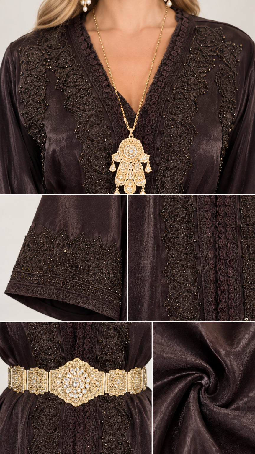 Close-up details of intricate neckline and cuff embroidery and metallic belt