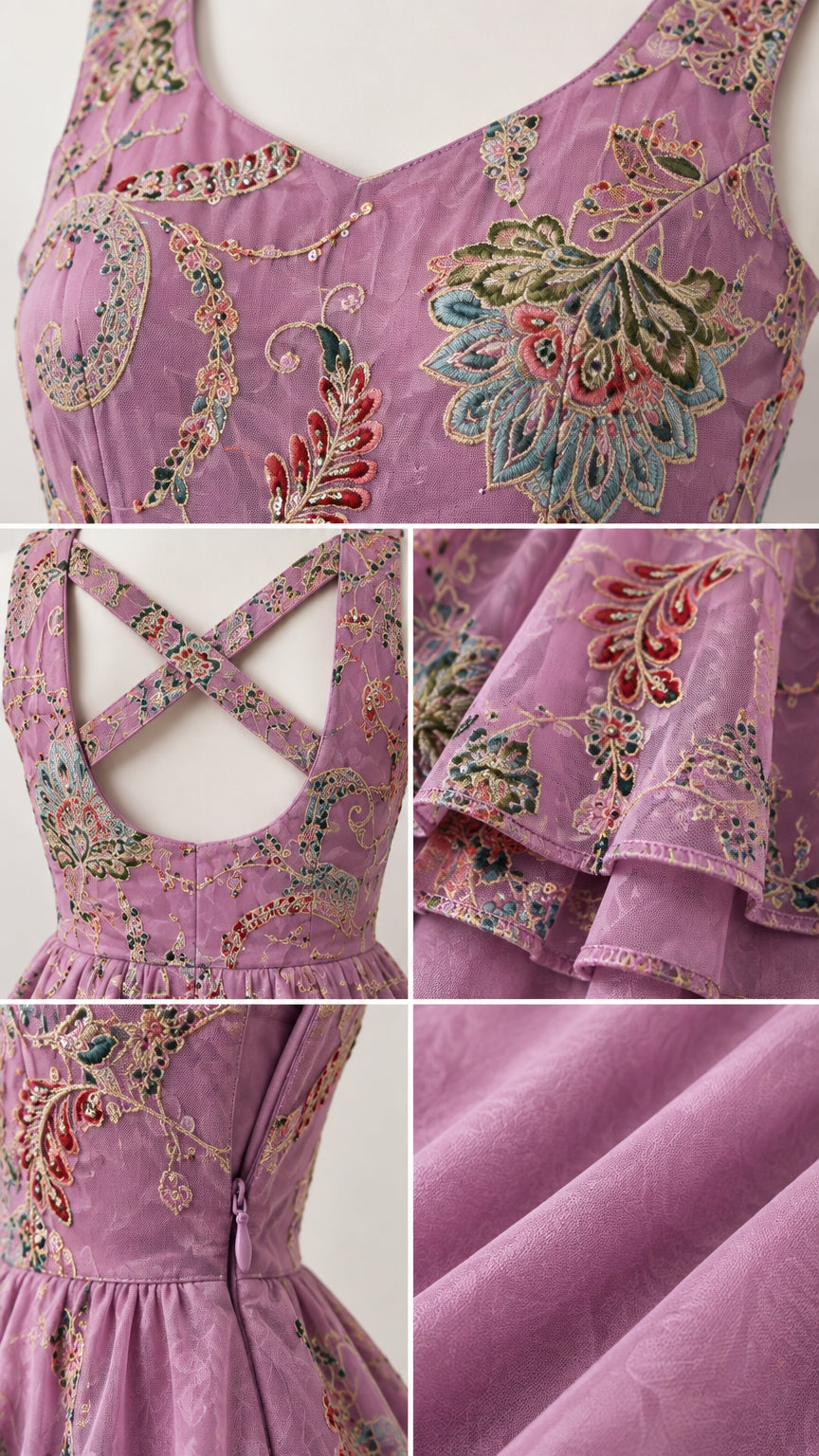 Close-up details of floral embroidery, back strap construction, zipper, and fabric texture