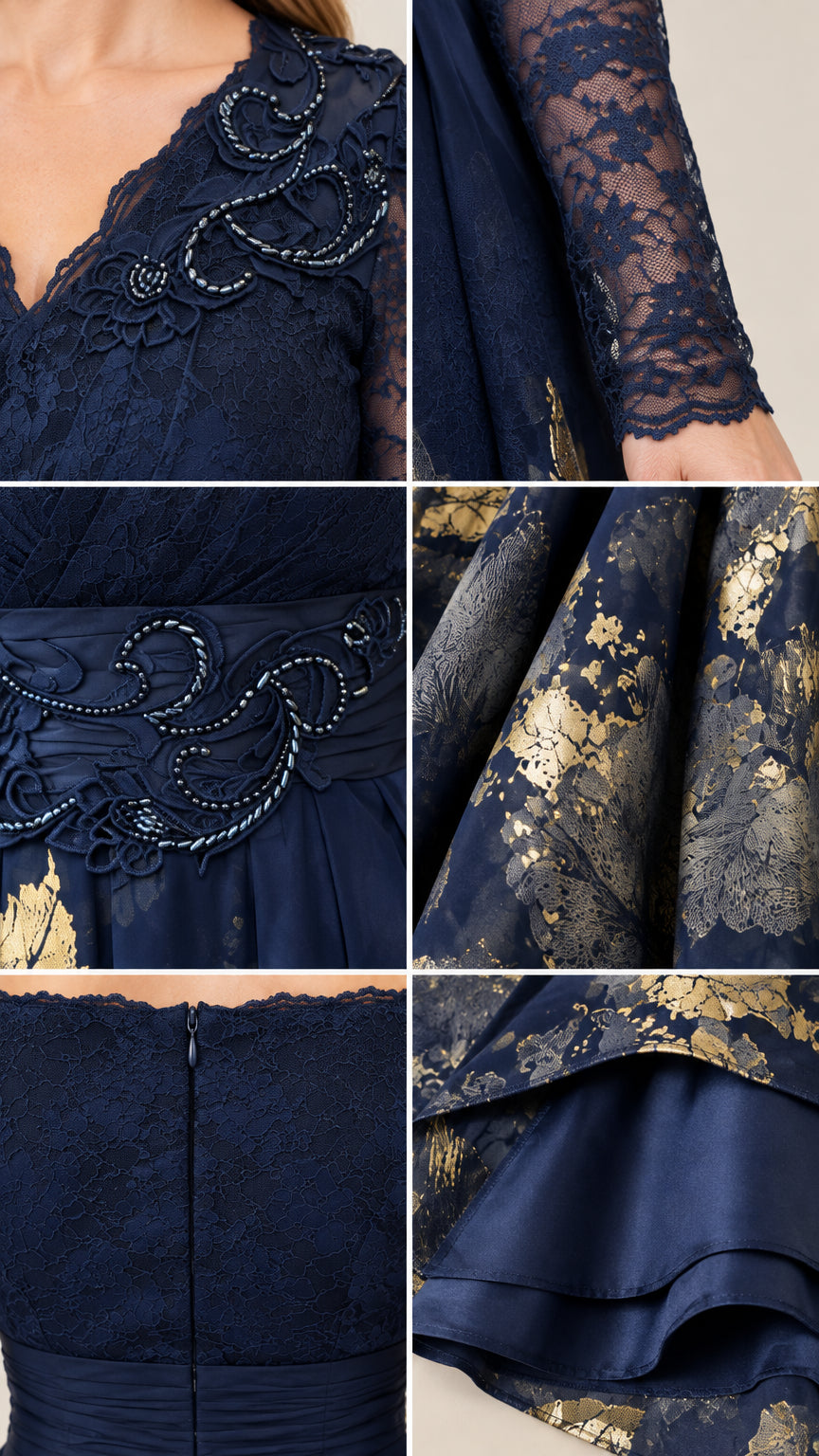 Close-up details of beaded lace neckline, waistband, cuff, and foil fabric