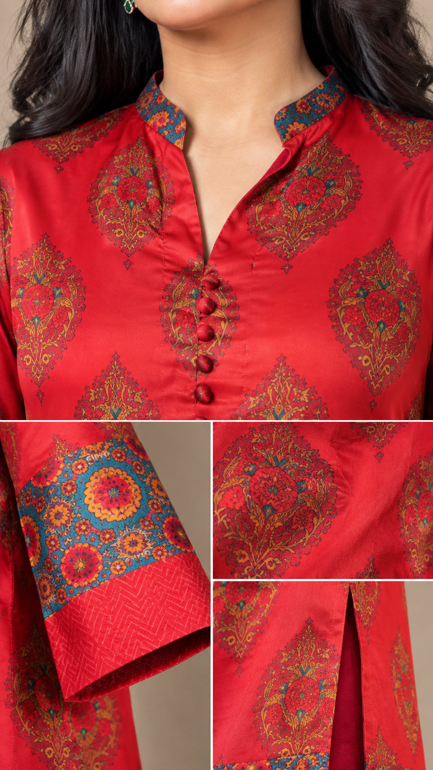 Close-up details of red dress collar, loop buttons, patterned bell sleeve cuff, and hem slit