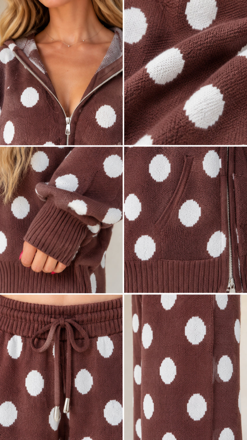 Close-up details of polka dot knit texture, zipper, cuffs, and drawstring waistband