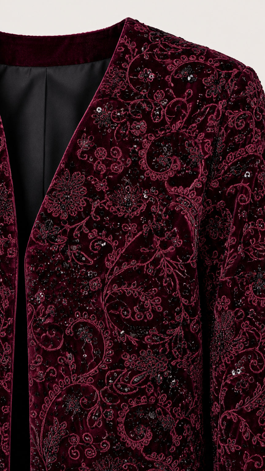 Close up detail of burgundy paisley burnout velvet fabric and lining