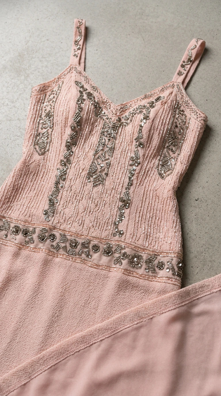 Close-up detail of delicate beadwork and textured fabric on Blush Pink bodice