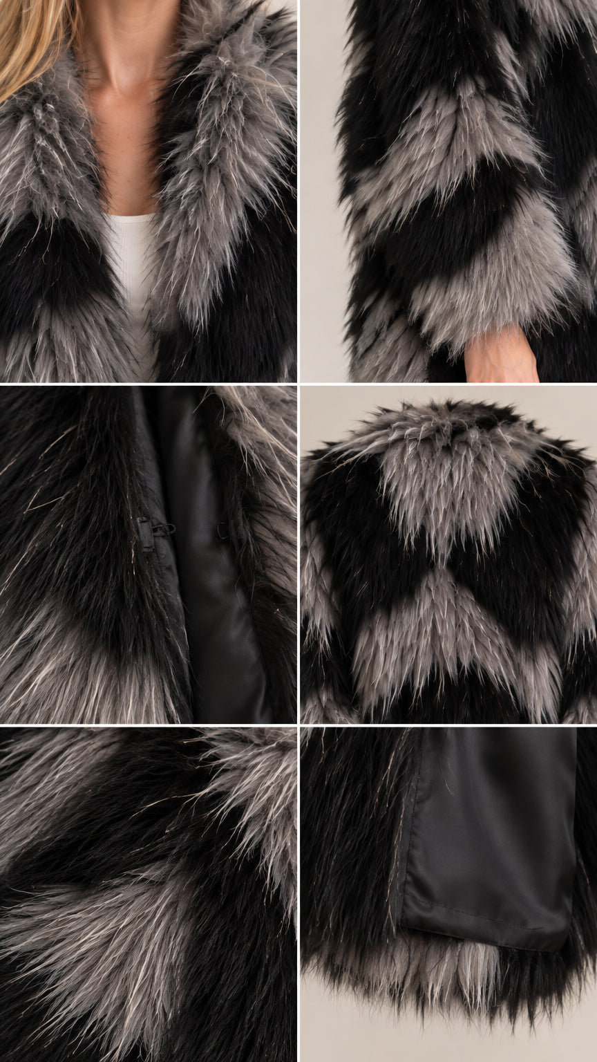 Close-up detail collage showing the shaggy faux fur texture, lining, and chevron construction