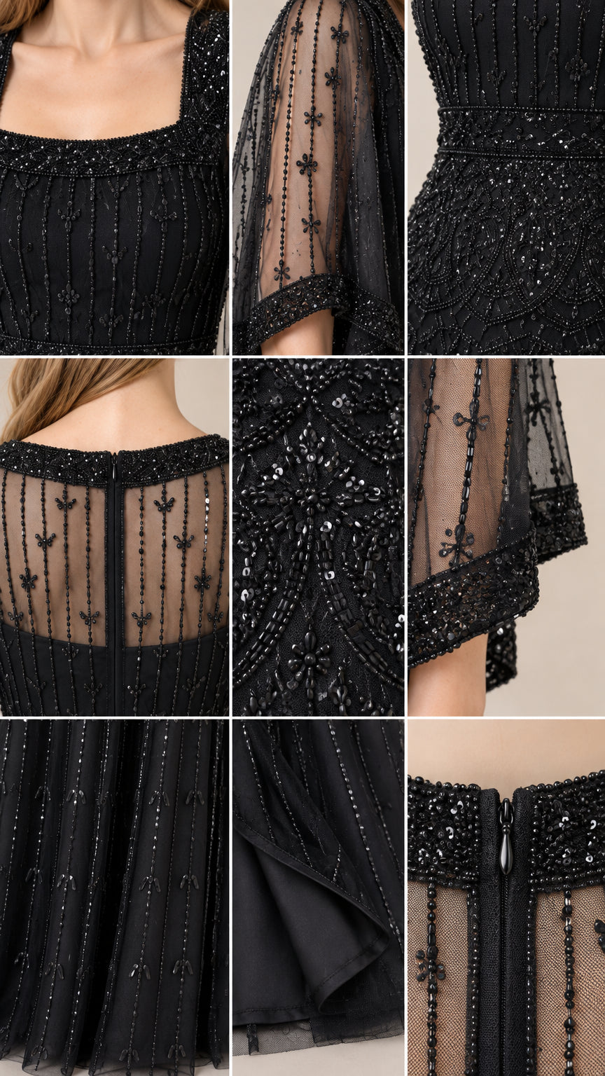 Close-up details of beadwork, neckline, sleeve embellishments, and lining of black formal dress