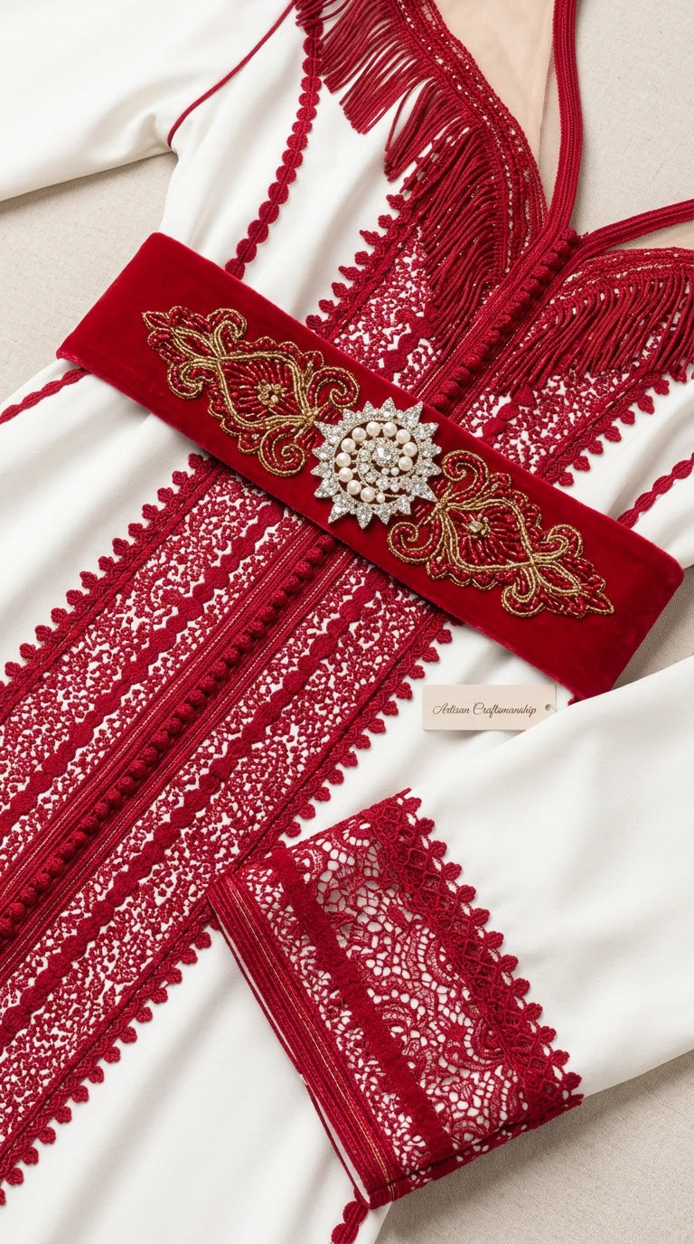 Close-up detail of ornate red embroidery, fringe neckline, and velvet belt with rhinestone brooch