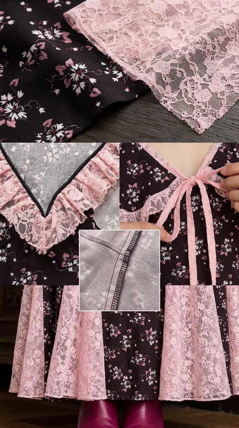 Close-up details of delicate pink lace trim, neckline bow tie, and seam construction