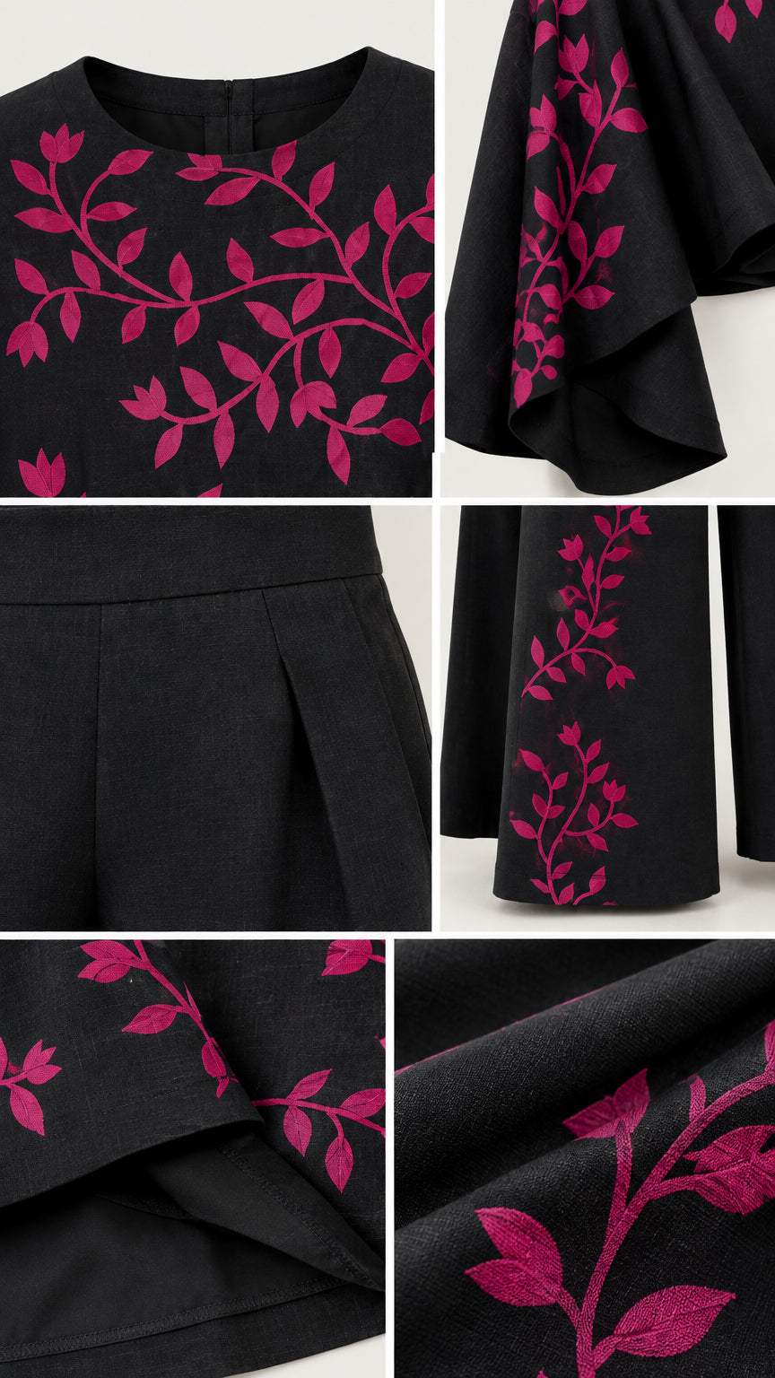 Close-up details of embroidered neckline, cape sleeve, pleated waist, and pant hem