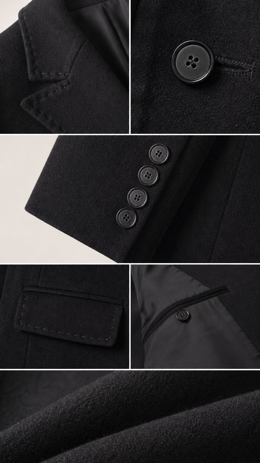 Close-up details of coat buttons, notched lapel stitching, flap pocket, and soft fabric