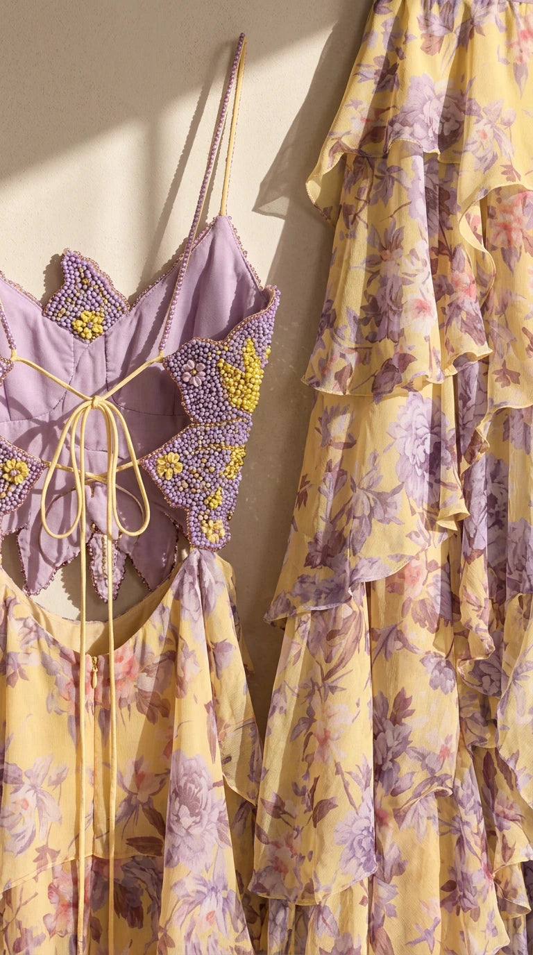 Close-up detail of beaded butterfly bodice, lace-up back, and yellow floral tiered chiffon