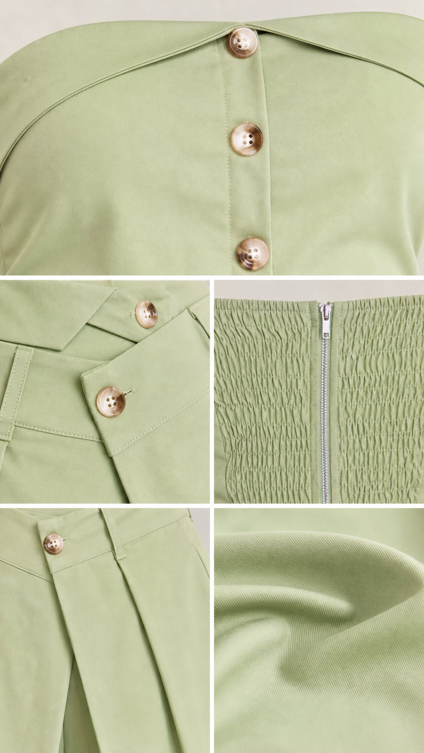 Detailed close-ups of Sage Green set showing buttons, neckline fold, waistband, smocking zipper, and fabric texture