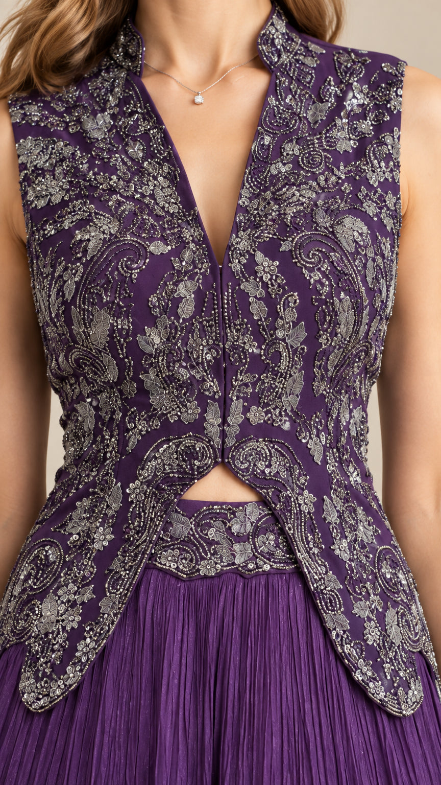 Close-up detail of silver embroidery on purple high neck bodice