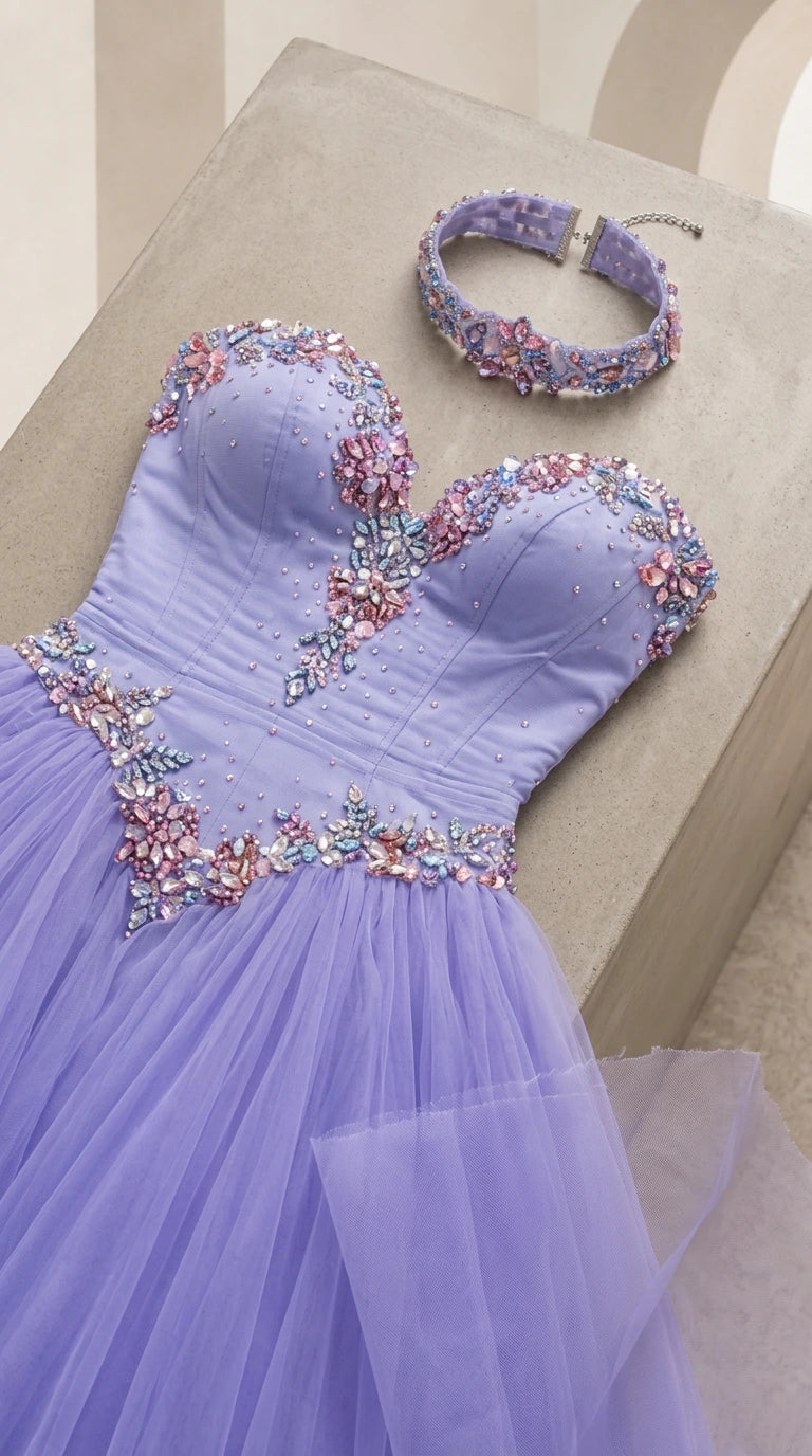 Close-up detail of lavender sweetheart bodice featuring crystal embellishments and matching choker