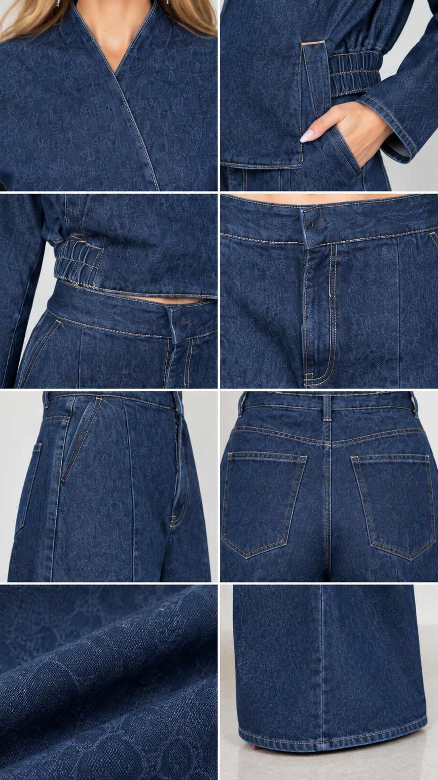 Close-up details of collar, waistband, seam stitching, pockets, and denim texture