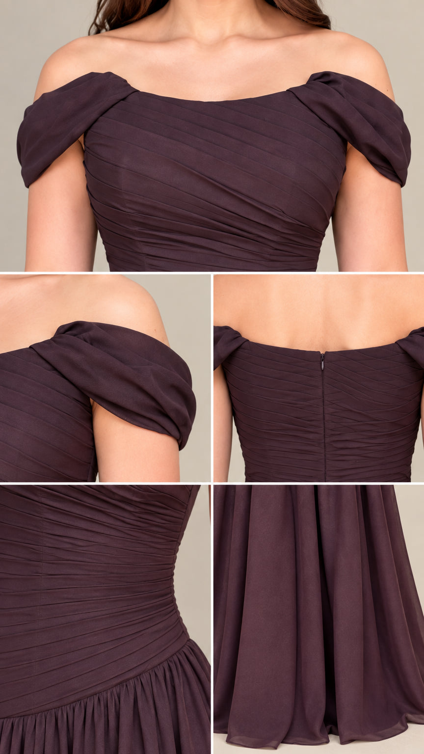 Close-up details of ruched off-the-shoulder neckline and fabric texture