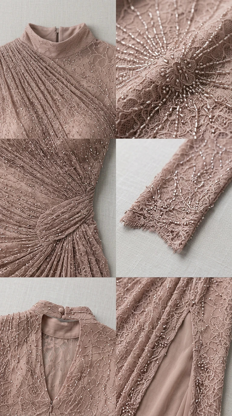 Close-up details of beaded lace fabric, mock neckline, ruched waist, and slit lining