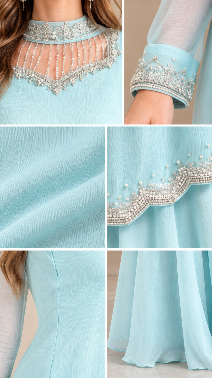 Detailed close-up of intricate beading on neckline, cuffs, and scalloped hem