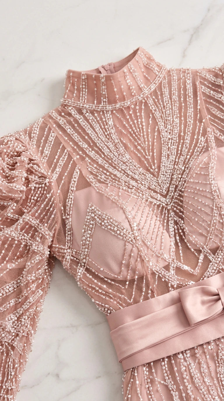 Close-up detail of high neckline and intricate beadwork on dusty pink dress bodice