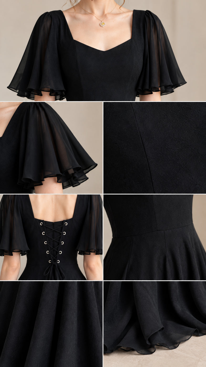 Close-up details of flutter sleeve, bodice neckline, and lace-up back
