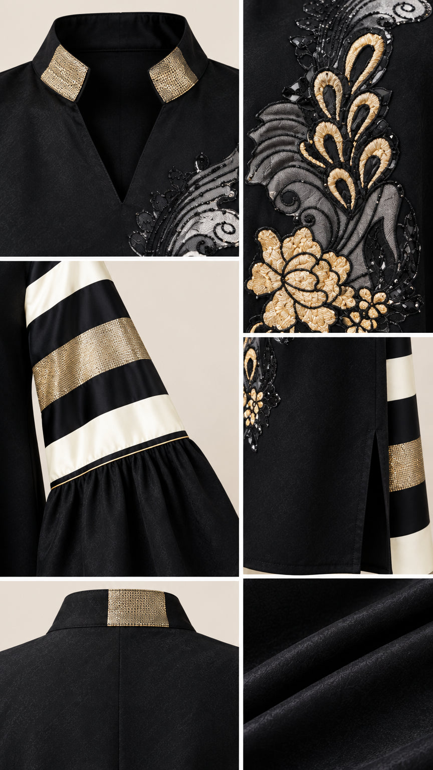 Close-up details of collar embroidery, flared sleeve stripes, and premium fabric texture