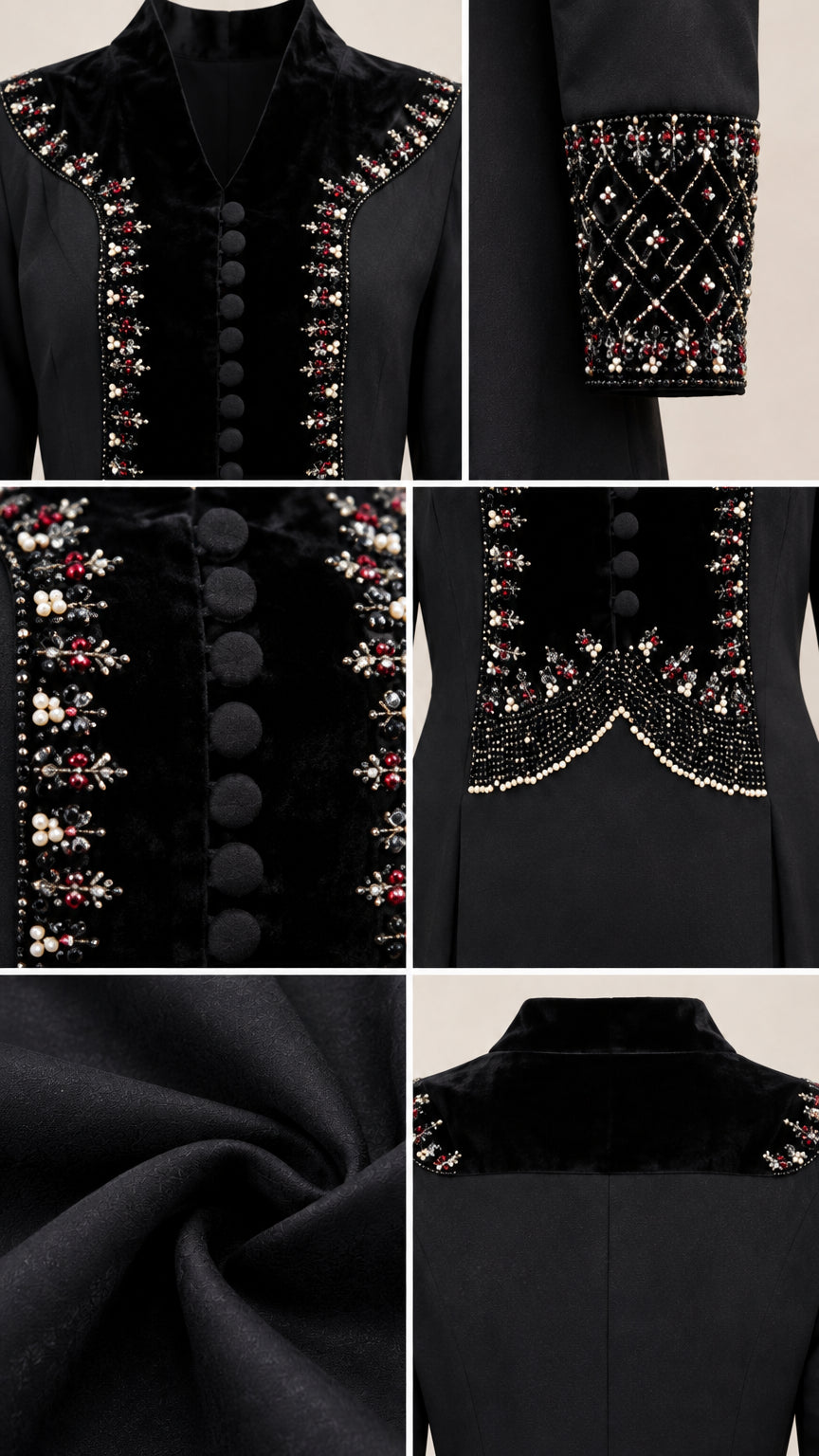 Close-up details of beaded embellishments, velvet trim, and fabric texture on black gown