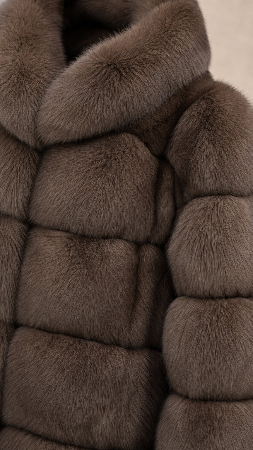 Close-up detail of plush faux fur texture and stand collar in taupe