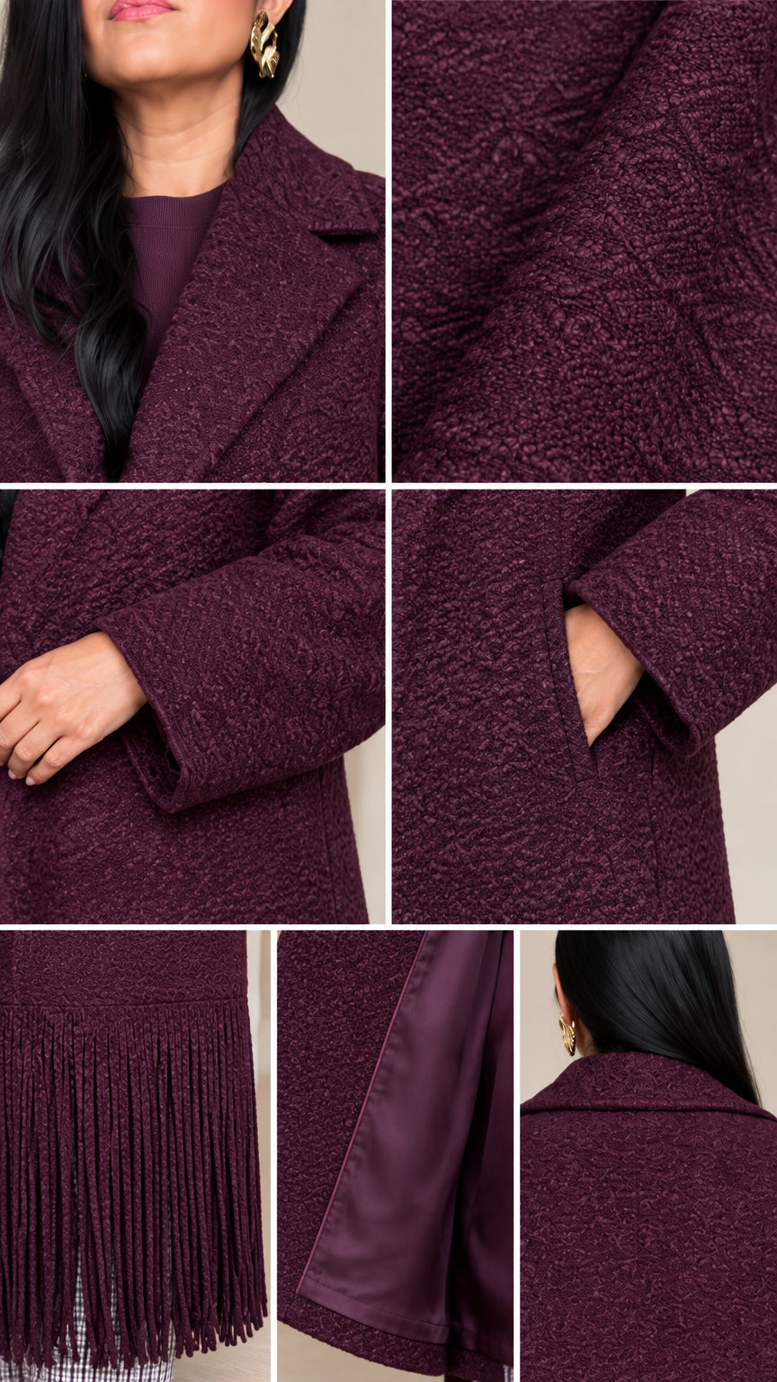 Close-up details of collar lapel, cuff, pocket, satin lining, and fringe trim