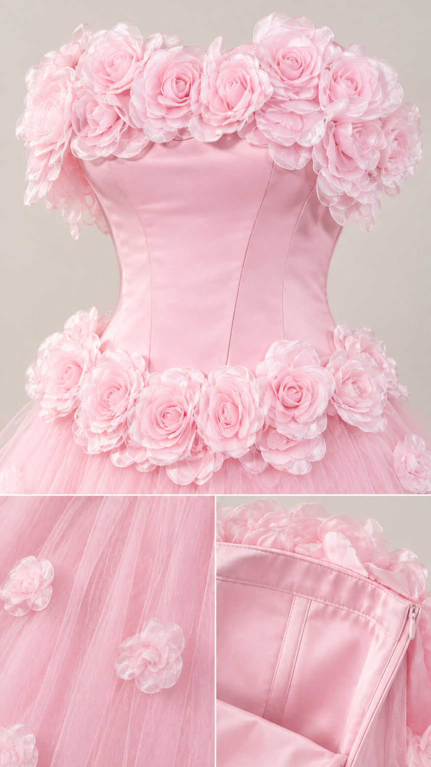 Close-up detail of 3D rosette neckline, waist flowers, and interior lining