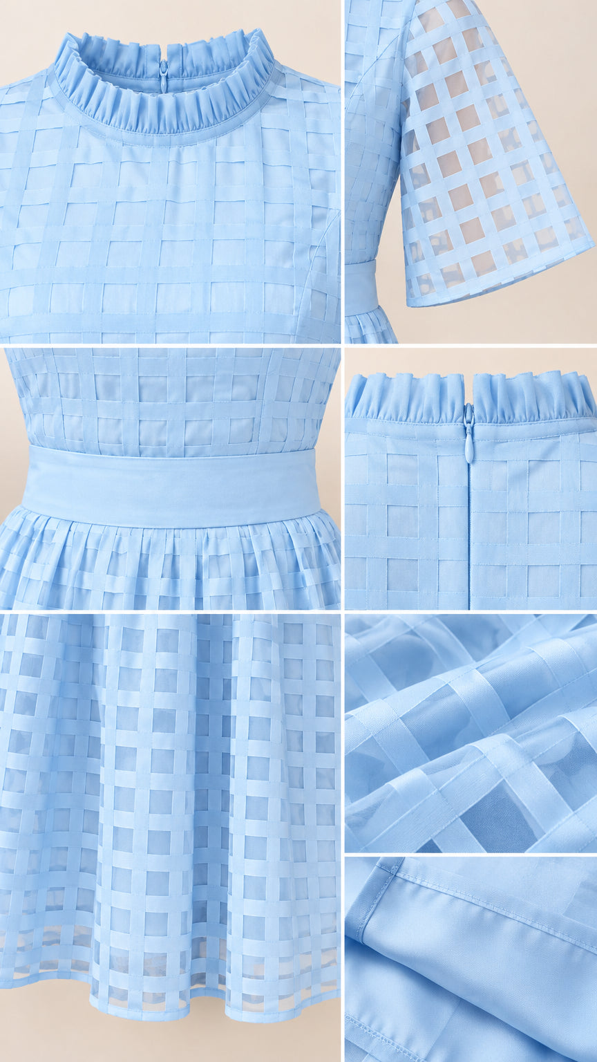 Close-up details of ruffled neckline, sheer grid sleeve, waist band, and lining