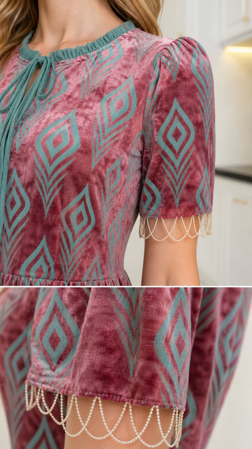 Close-up detail of Dusty Rose velvet tunic tie neck and beaded sleeve cuff