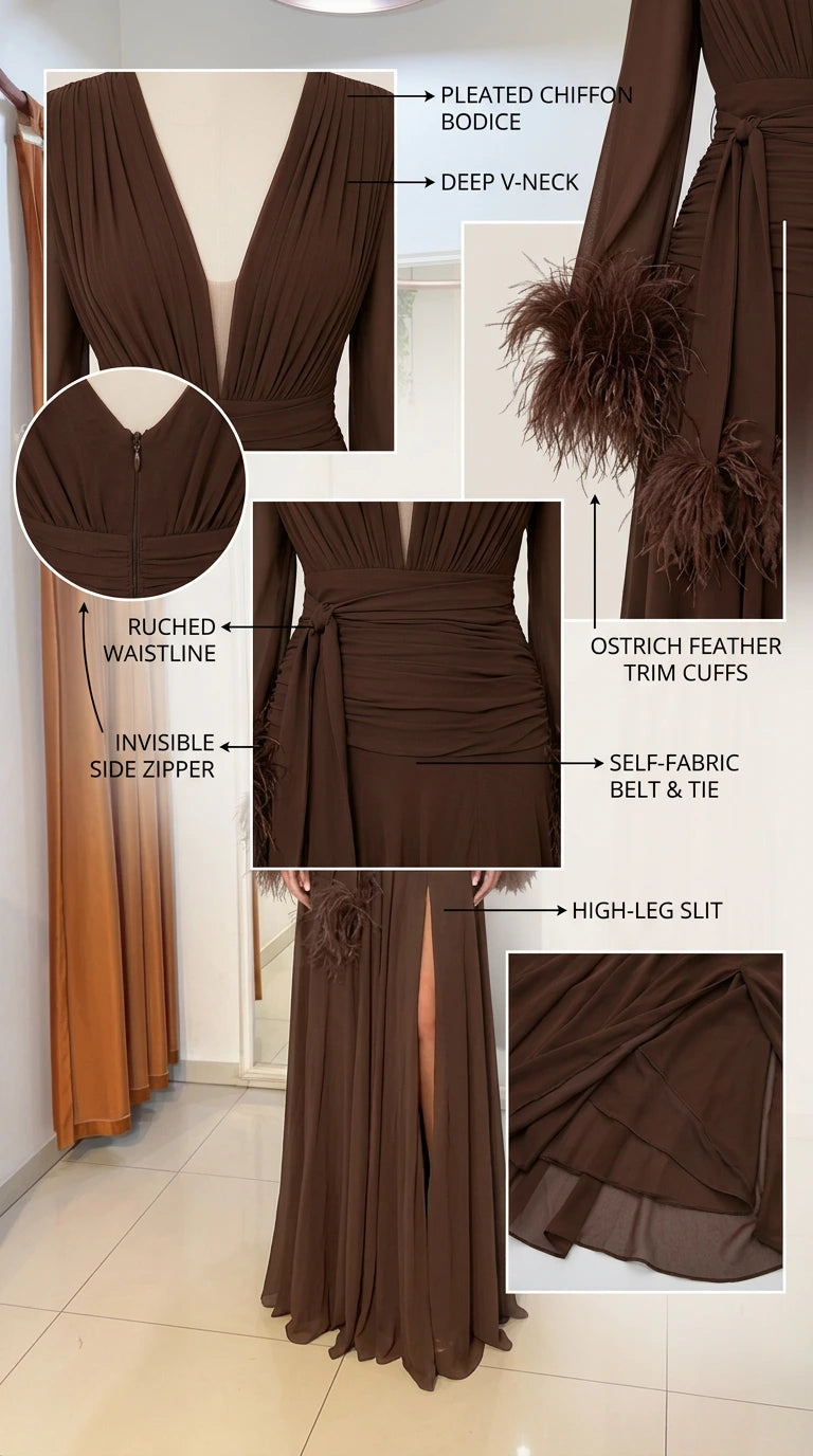Detailed infographic highlighting pleated bodice, feather cuffs, ruched waist, and slit