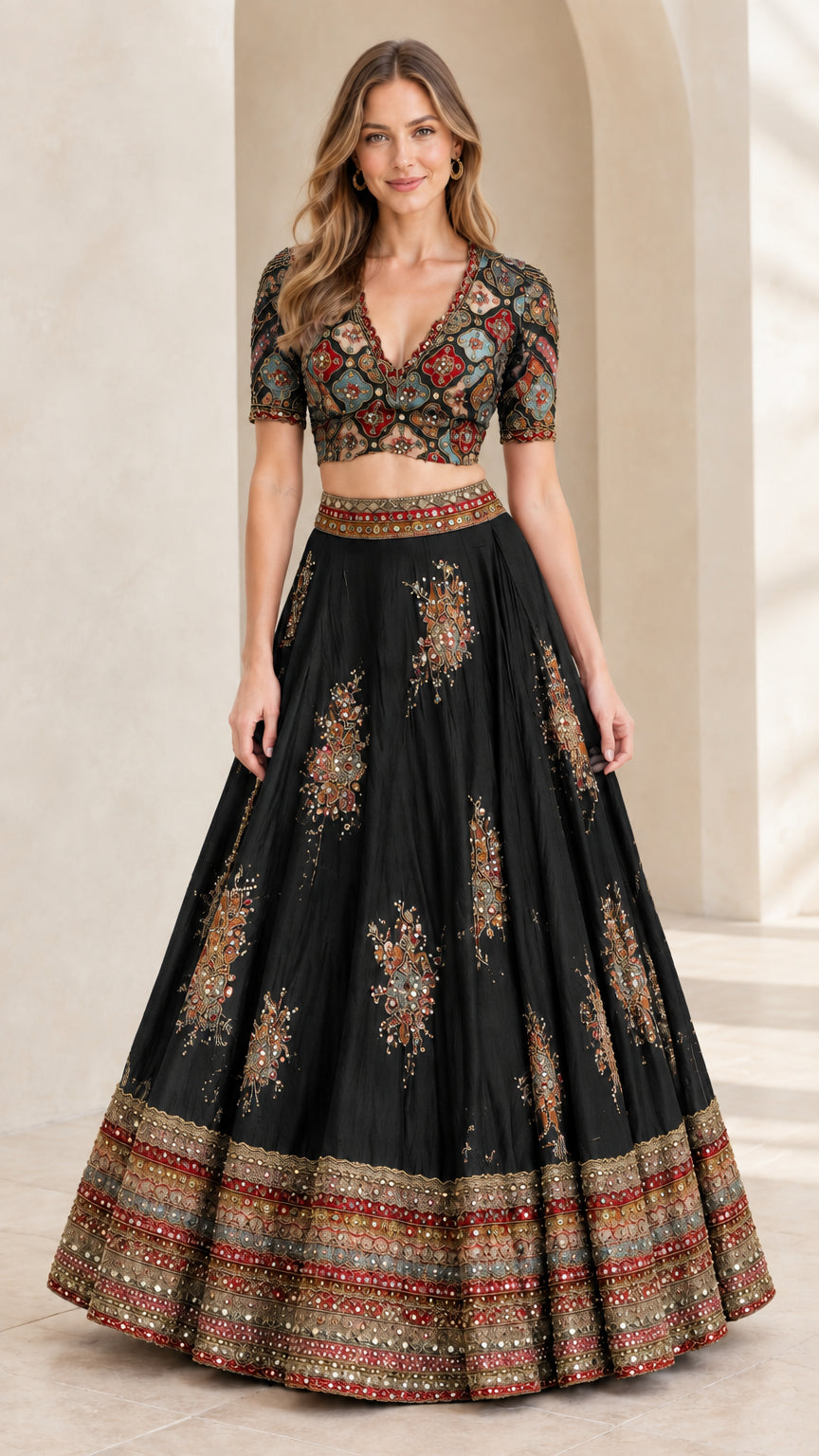 Woman wearing Classic Black embroidered crop top and matching pleated maxi skirt