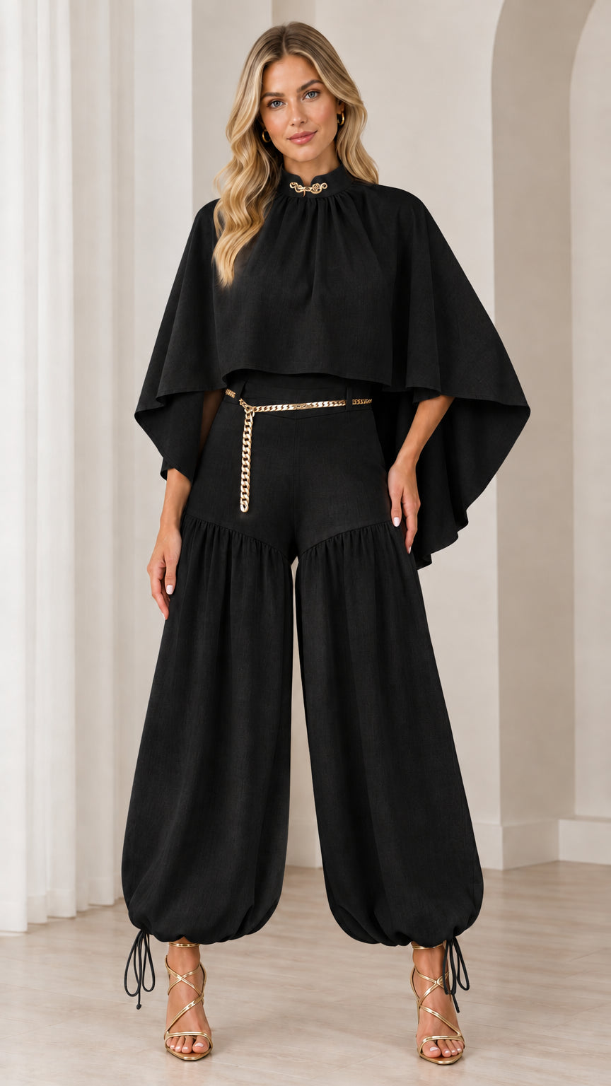Black high-neck cape top and gathered balloon pants two-piece set