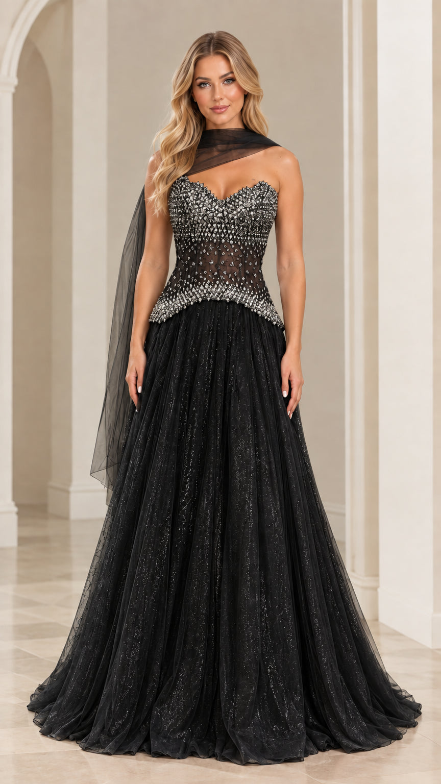 Full front view of black strapless beaded corset tulle evening gown with draped neck scarf