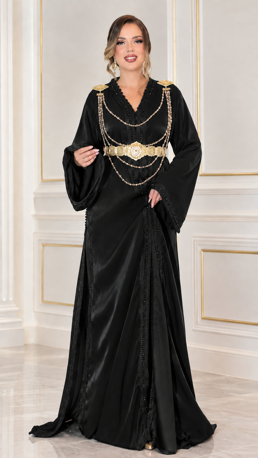 Black satin Moroccan kaftan maxi dress with gold chain embellishments