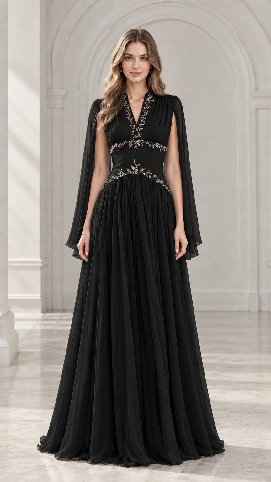 Black cape sleeve embroidered evening gown front view