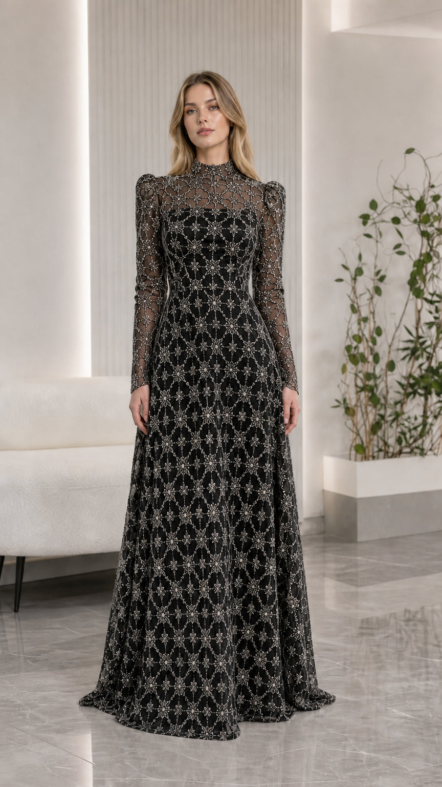 Front view of black beaded high neck illusion long sleeve formal gown
