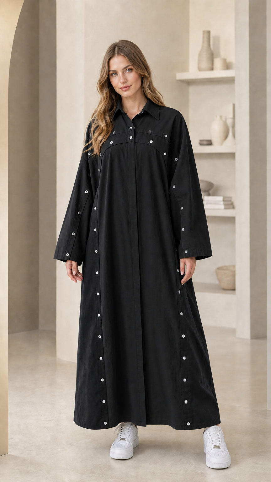 Black button detail long sleeve modest maxi shirt dress
