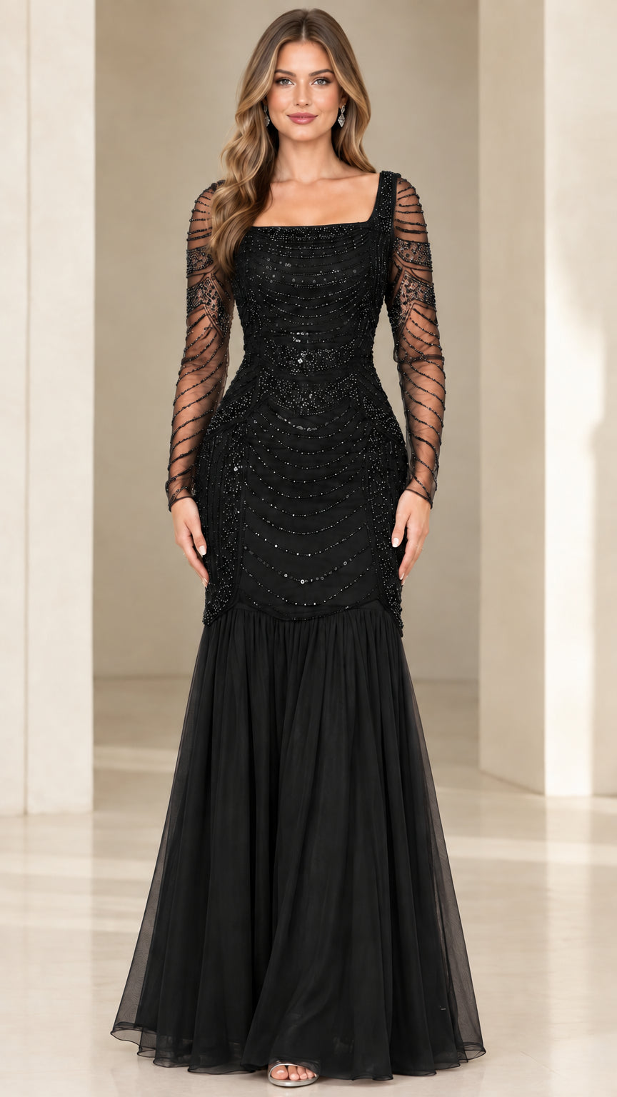 Front view of black beaded long sleeve square neck mermaid formal dress
