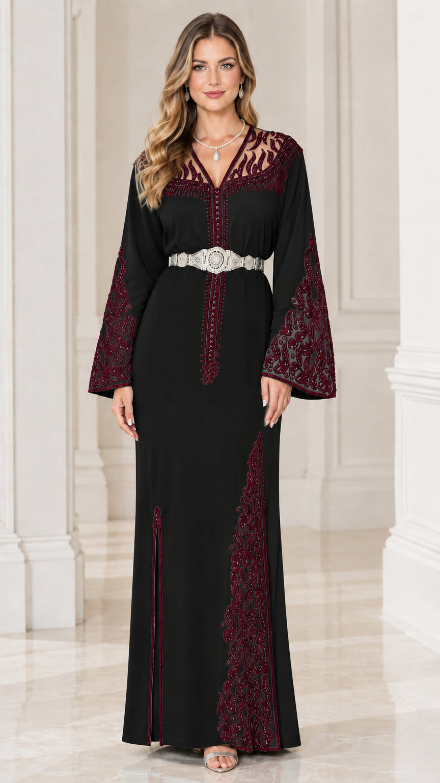 Black embroidered caftan maxi dress with deep burgundy embroidery and metallic belt