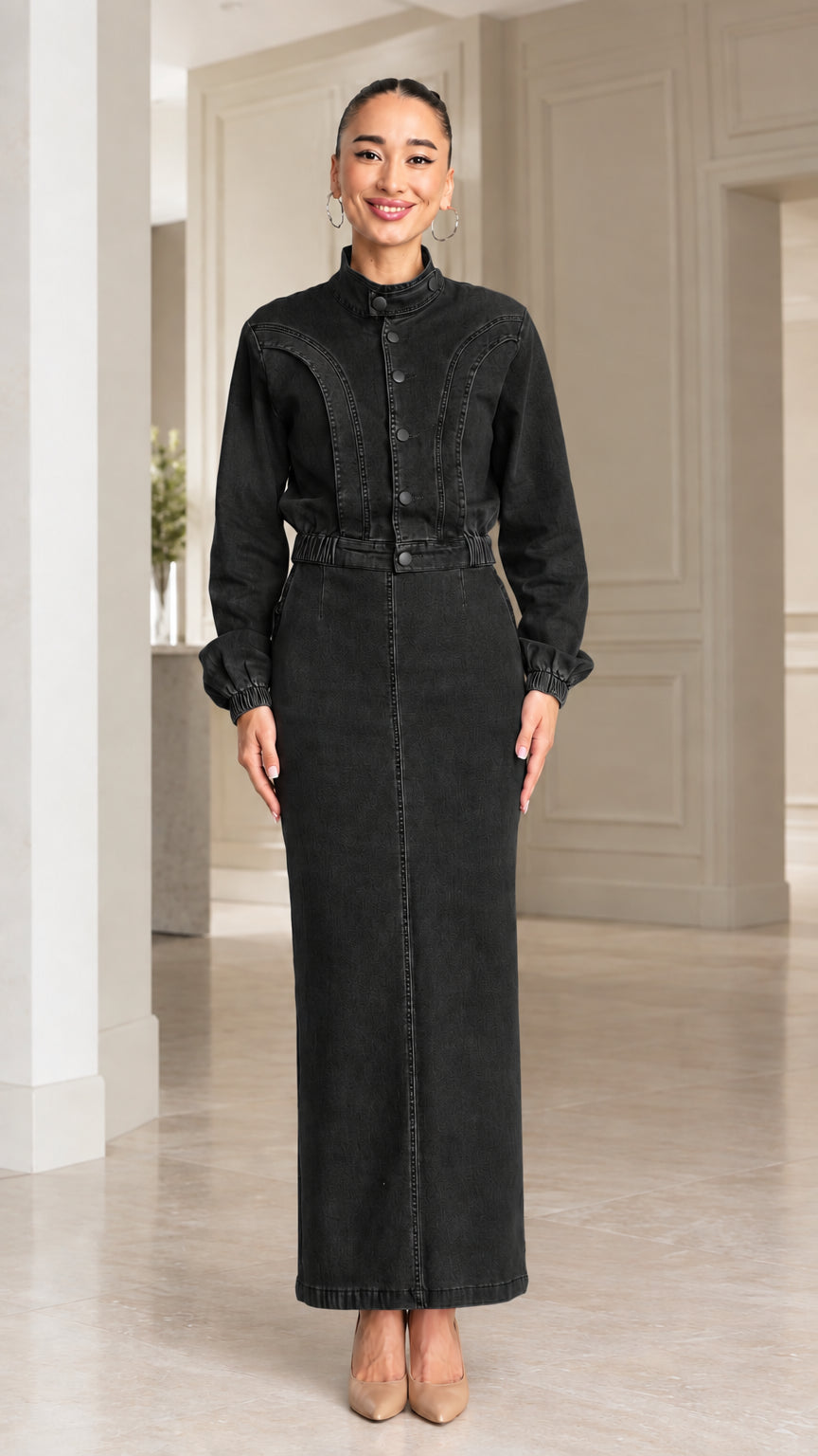 Full-length front view of model wearing Washed Black high-neck denim maxi dress