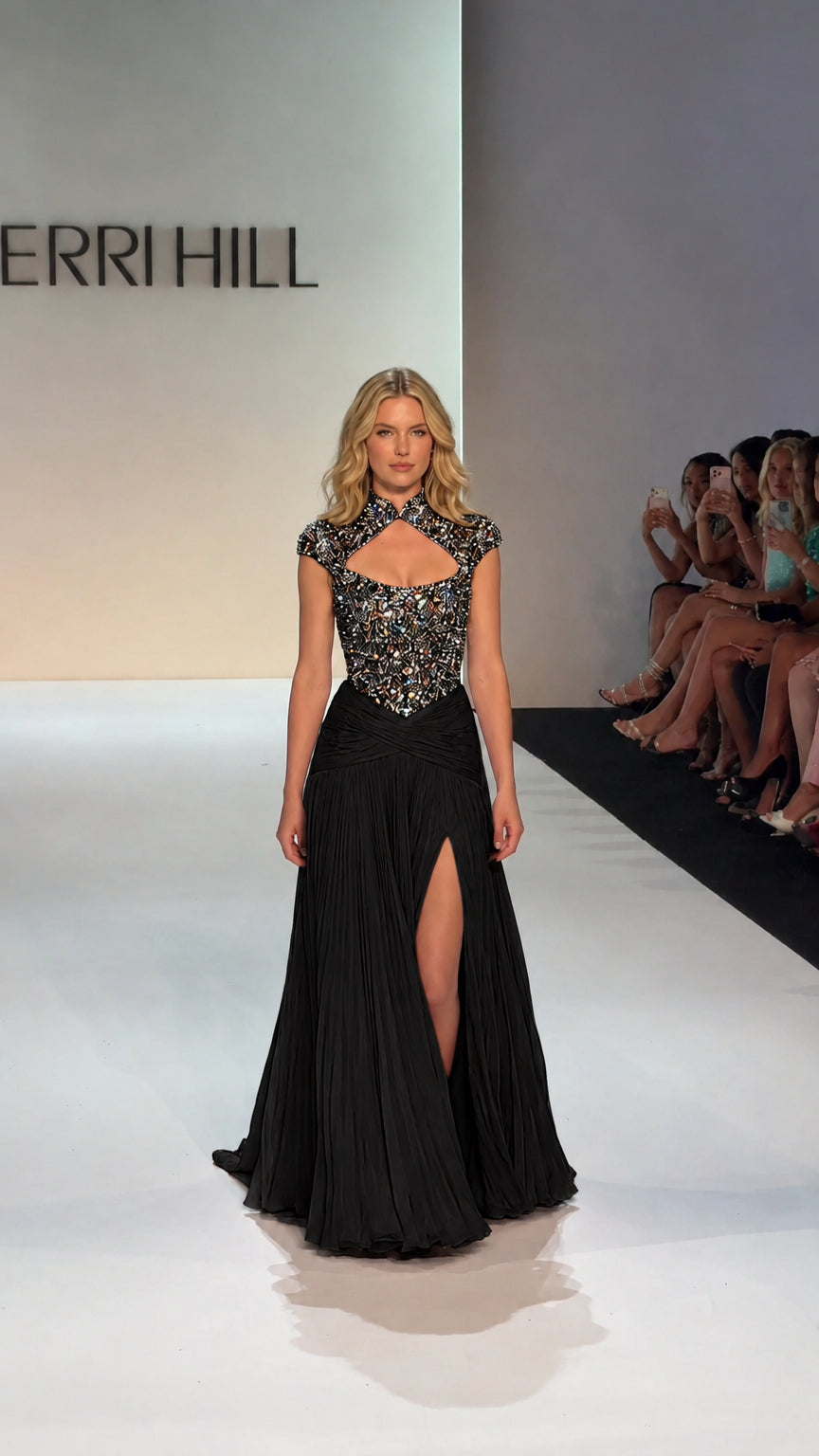 Full-length view of model wearing Black embellished high-neck gown with front leg slit