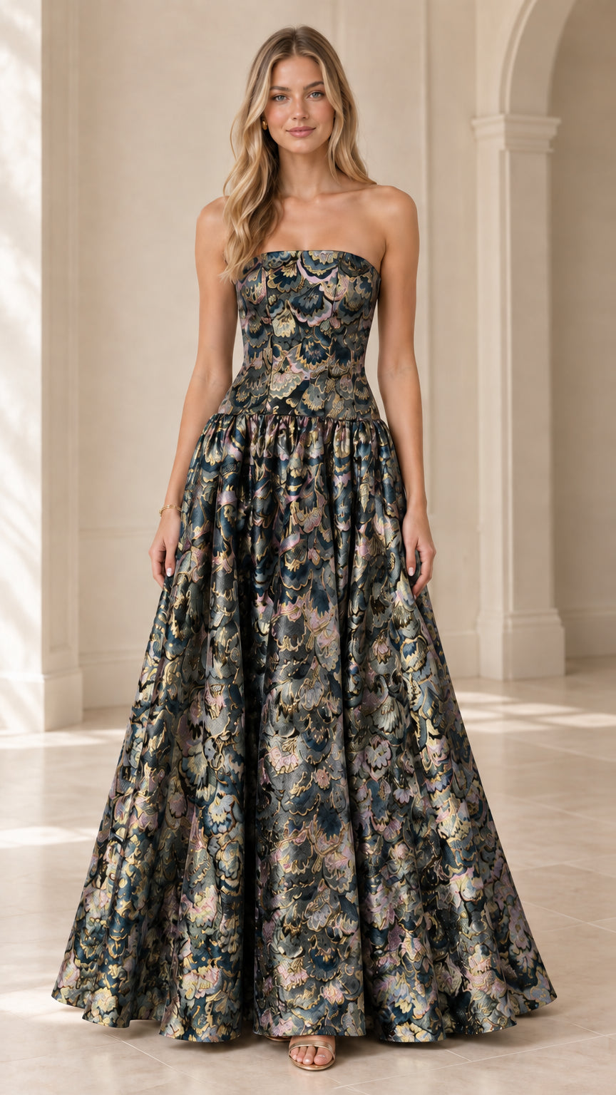 Model wearing strapless black multi floral jacquard evening ball gown