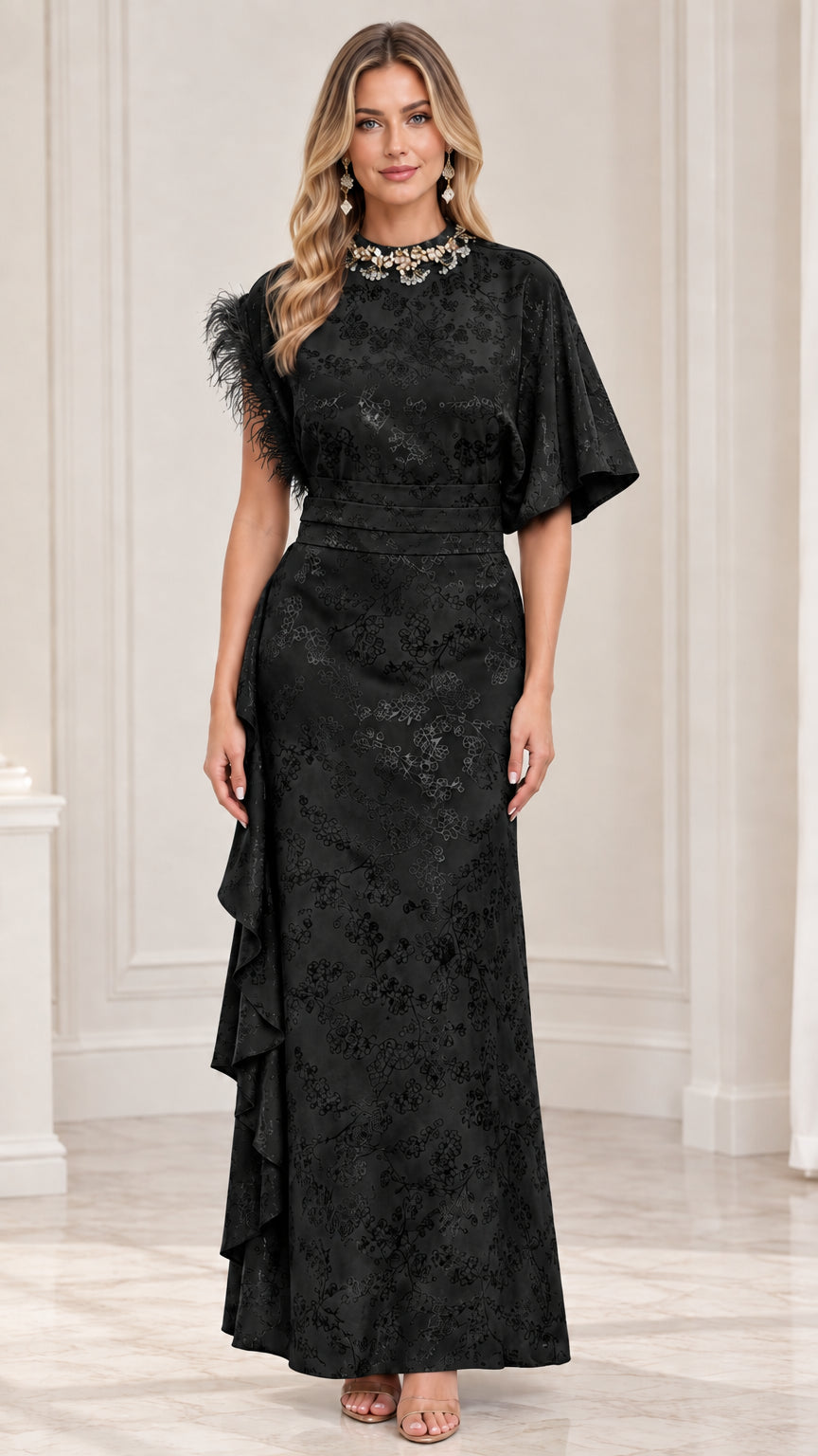 Black embellished high-neck jacquard maxi dress front view