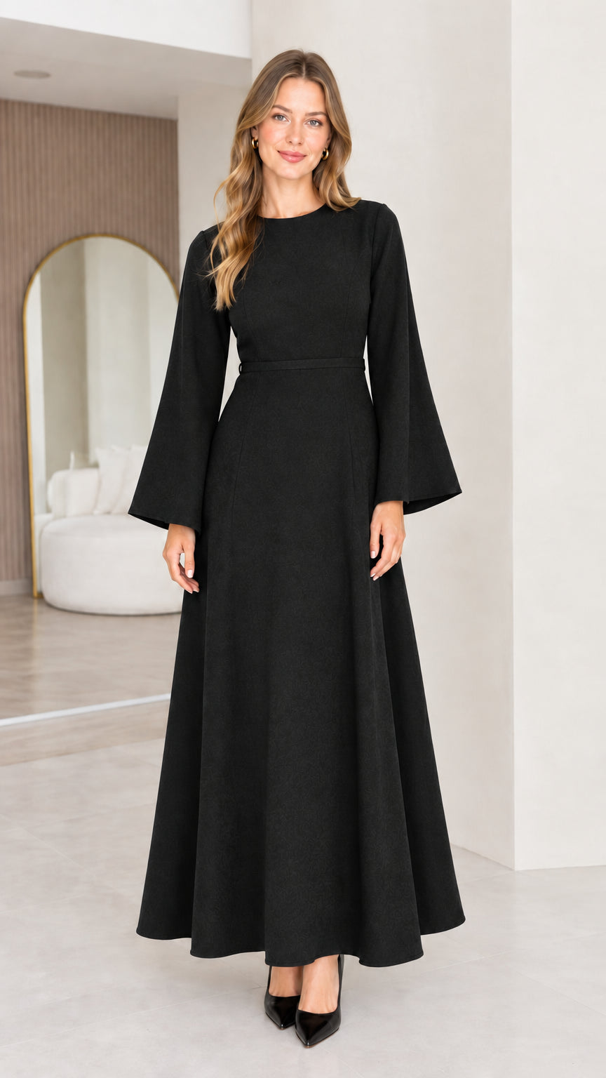 Front view of a black women's long sleeve A-line maxi dress