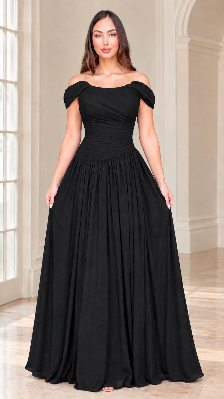Front view of model wearing black off-the-shoulder formal maxi dress