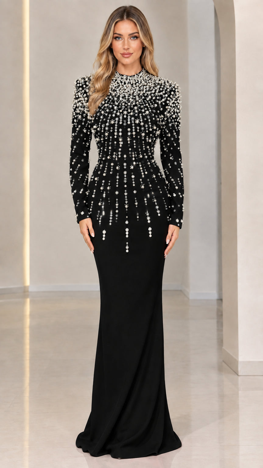 Full front view of black long sleeve pearl embellished mermaid evening dress