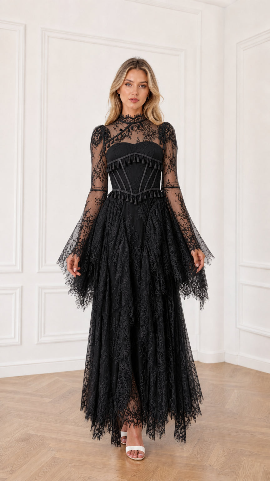 Black long sleeve lace corset maxi dress with tiered fringe skirt