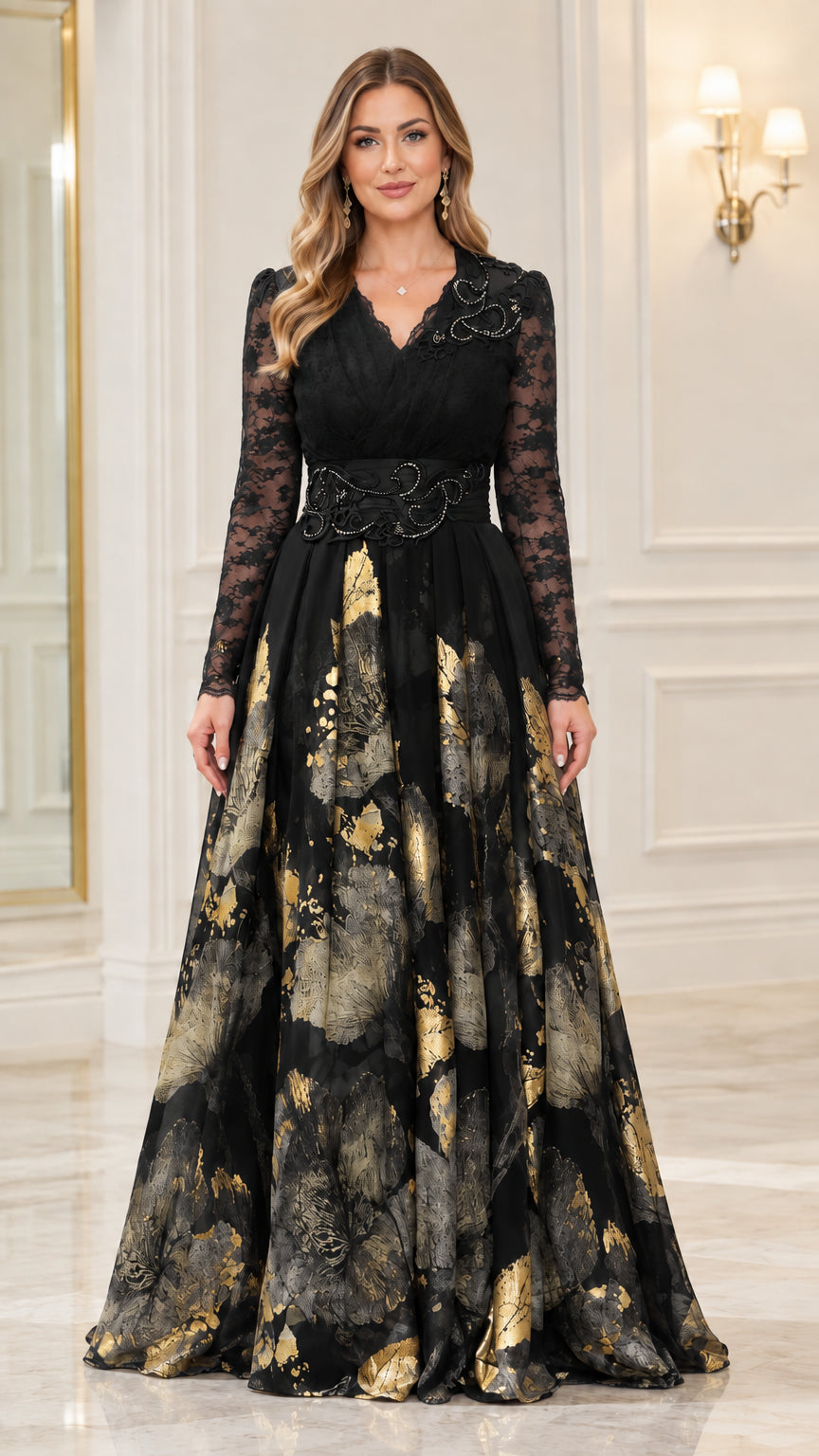 Front full-length view of black and gold metallic floral formal gown